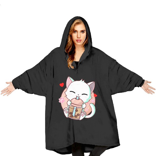 Cat Boba Tea Bubble Tea Kawaii Anime Japanese Blanket Hoodies