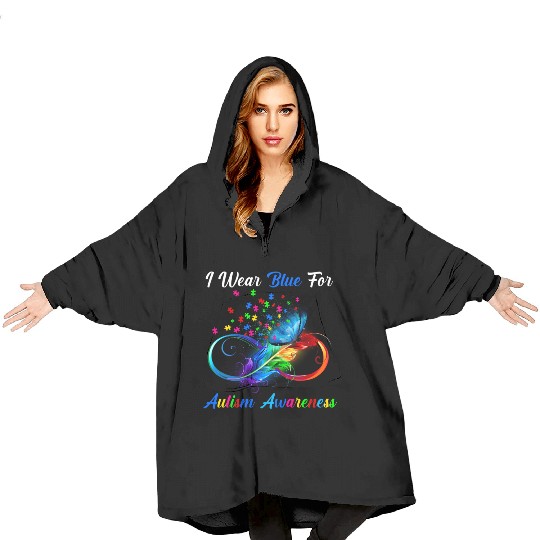 I Wear Blue For Autism Awareness Butterfly Puzzle Blanket Hoodies