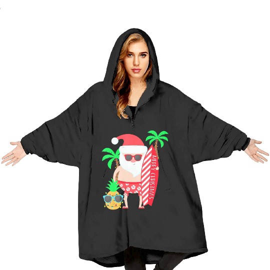 Santa Surfing Hawaiian Beach Christmas In July Blanket Hoodies