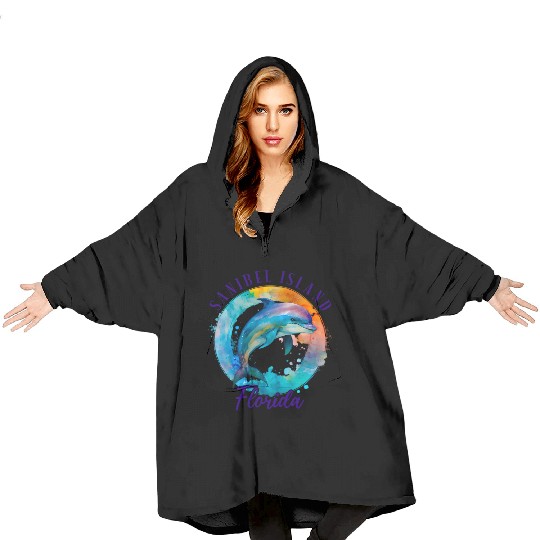 Sanbiel Island Florida Happy Watercolor Dolphin Blanket Hoodies