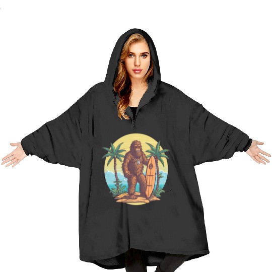 Bigfoot With A Surf Board At Hawaiian Beach Blanket Hoodies
