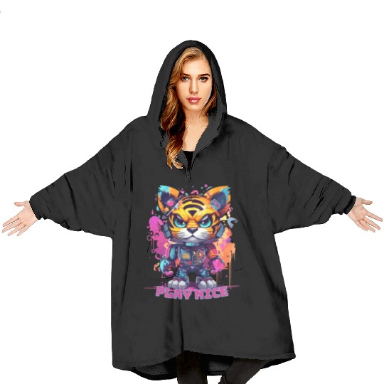 Play Nice Blanket Hoodies: Robot Tiger Synthwave Graffiti Kids