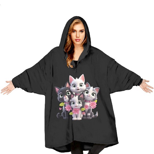 Cute Cats with Flowers 3D Ai Art Blanket Hoodies