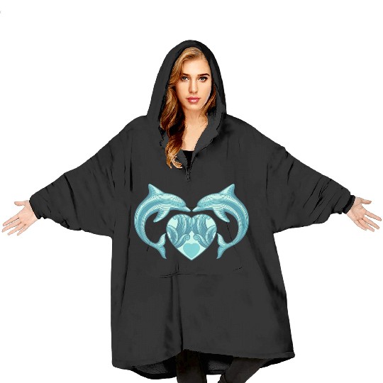 Dolphin Love Valentine Love Blanket Hoodies