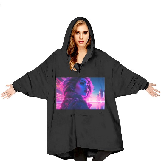 Synthwave Girl - Futuristic Design neon colors Blanket Hoodies
