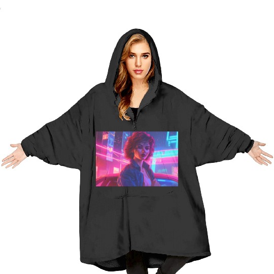 Synthwave Girl - Anime Portrait in Neon Colors Blanket Hoodies