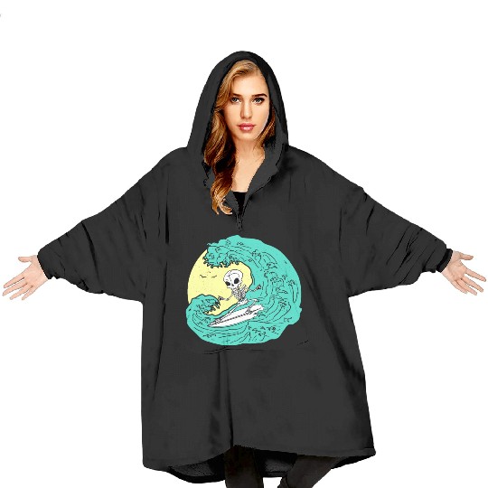 Skeleton surfing on Wave Blanket Hoodies