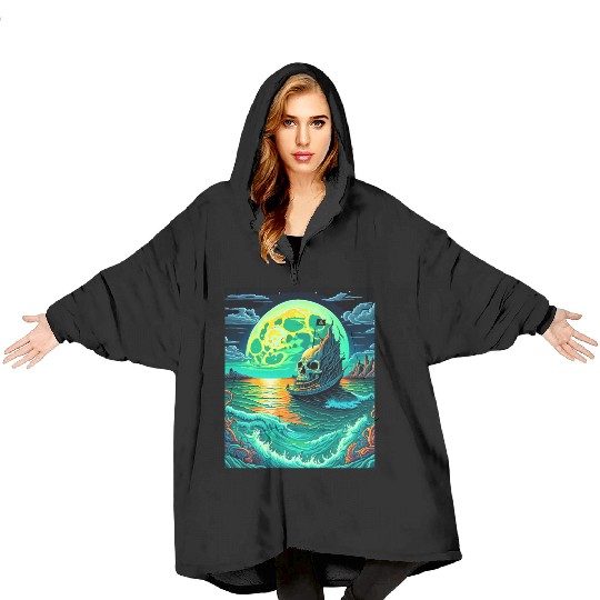 Pirate Ship With A Skull At Full Moon Blanket Hoodies