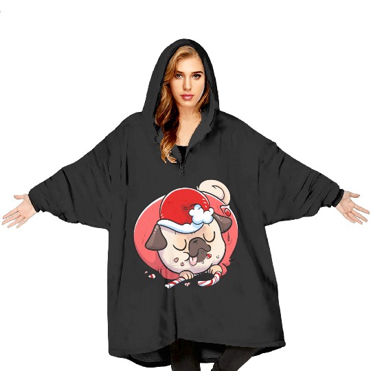 Pug Elf Candy Cane Blanket Hoodies
