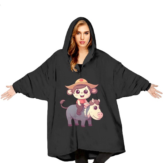 Girl, Monkey and Cow, Charming Kids Design Blanket Hoodies