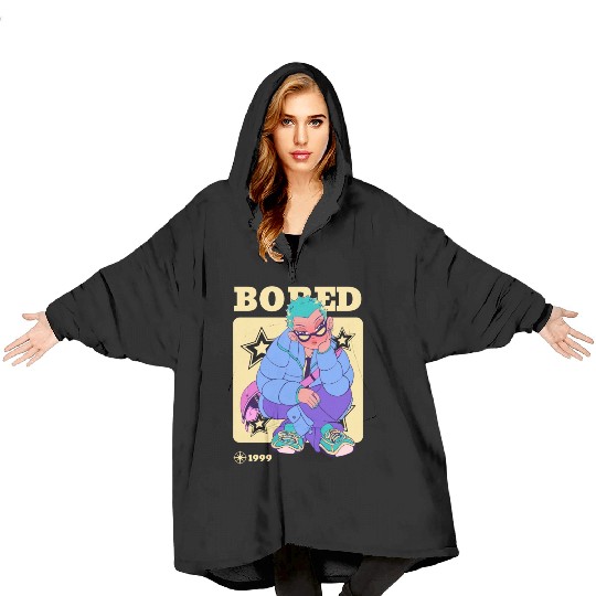 Black Cream Blue Y2K Anime Illustrated Bored Blanket Hoodies