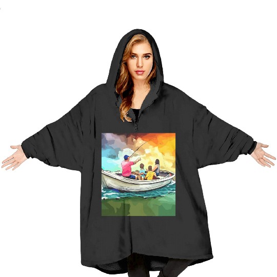 Family Fishing on a Boat Blanket Hoodies