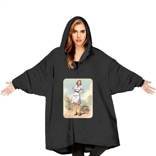 WW2 Nurse Pinup Girl - Vintage Tribute Army Men Blanket Hoodies