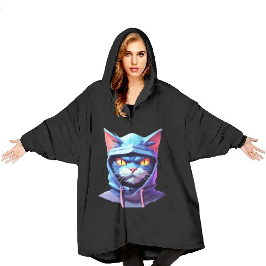 Bold Pastel Prowler: Ninja Cat's Sublime Ferocity Blanket Hoodies