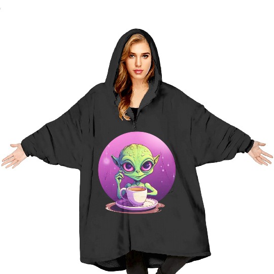 midnight Coffee: The Green Alien Drinker Blanket Hoodies