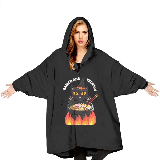 Halloween Black Cat, Ramen and Trouble Blanket Hoodies