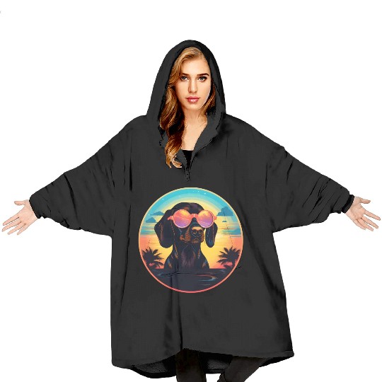 Sunset Serenity: Vintage Dachshund Silhouette Amid Blanket Hoodies