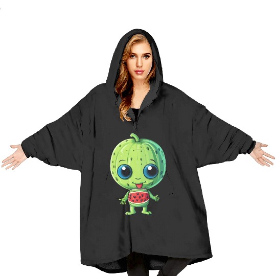 Green Alien & Watermelon: A Galactic Fusion Blanket Hoodies
