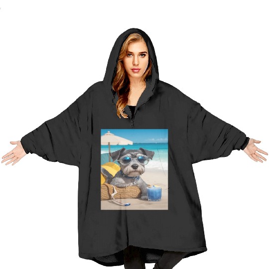 Schnauzer Chilling at the Beach with a Drink Blanket Hoodies