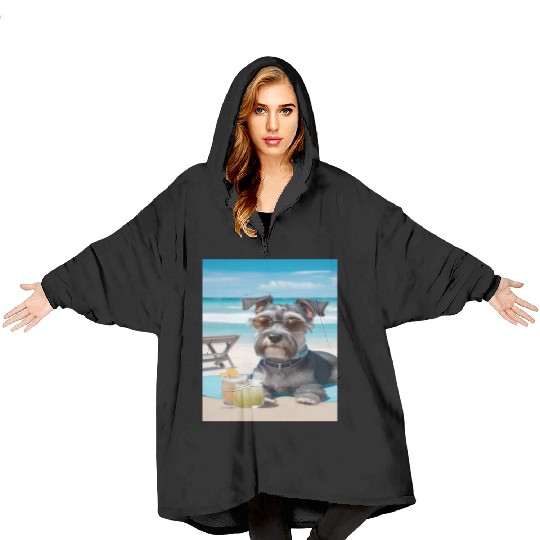 Schnauzer Chilling at the Beach with a Drink Blanket Hoodies