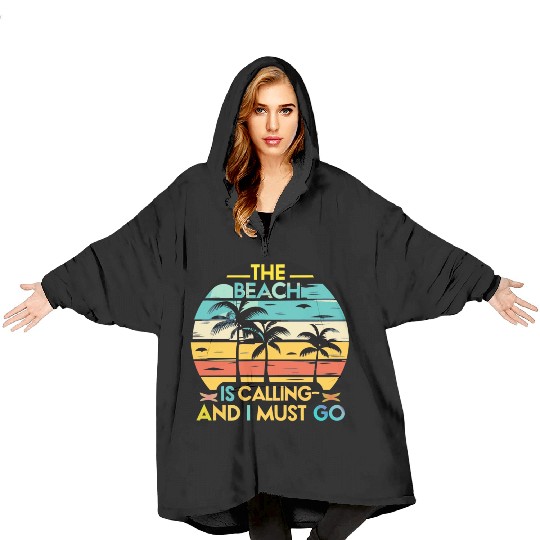 Retro sunset, The Beach is Calling and I must go Blanket Hoodies