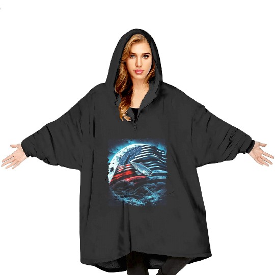 America fish under Moon with American Flag Blanket Hoodies