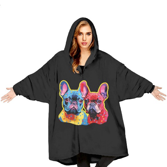 Duo of Multicolored French Bulldogs Blanket Hoodies