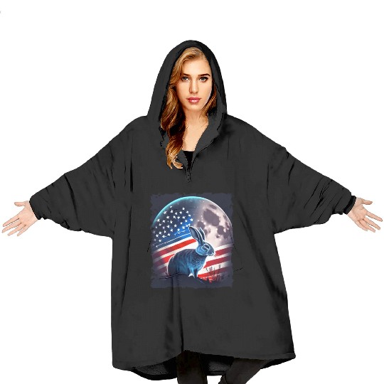 America rabbit under Moon with American Flag Blanket Hoodies