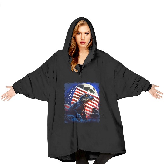 America lizard under Moon with American Flag Blanket Hoodies