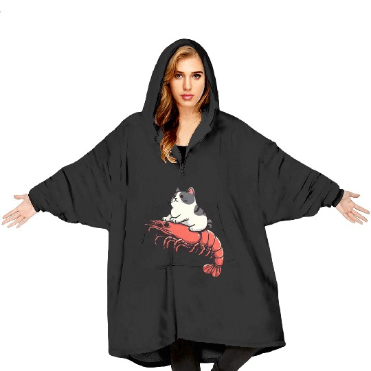 Cat rides shrimp Blanket Hoodies