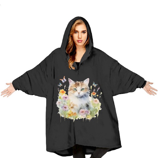 CAT Watercolor Flowers Butterflies Blanket Hoodies
