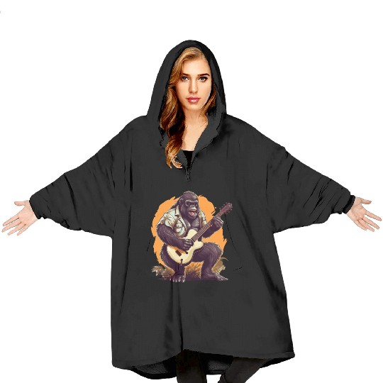 Musical Gorilla: Strumming an Acoustic Guitar Blanket Hoodies