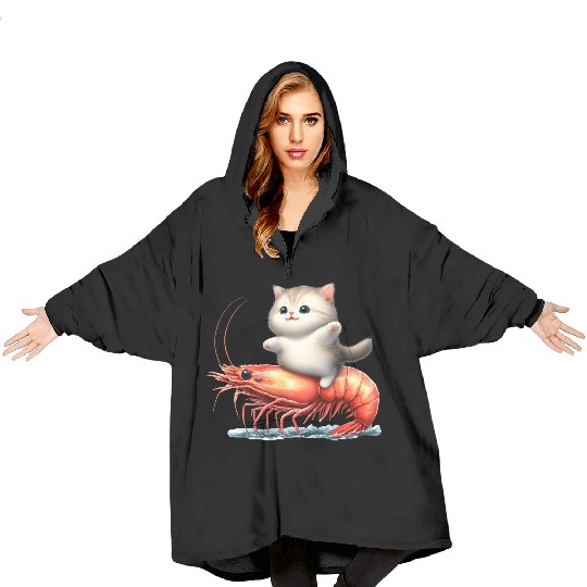 Cat rides on shrimp Blanket Hoodies