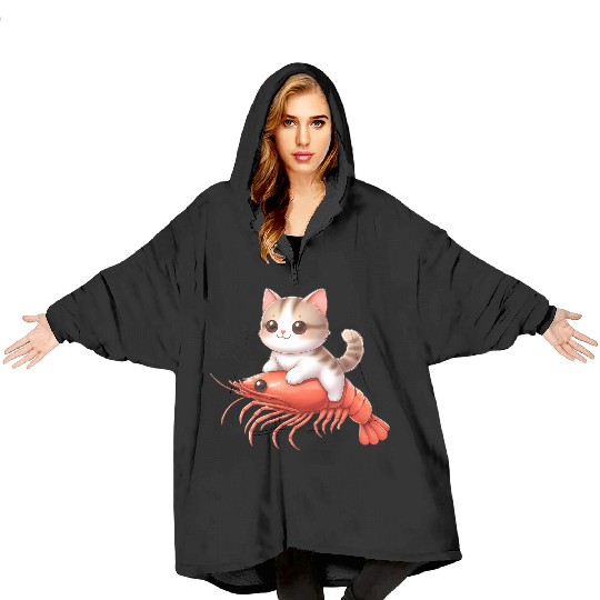 Cat rides on shrimp Blanket Hoodies
