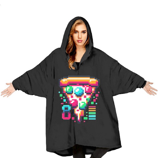 Futuristic Pixel Pizza: Neon-Topped Delight Blanket Hoodies