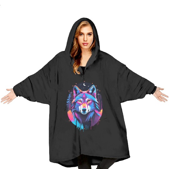 Eerie Blacklight Wolf Blanket Hoodies - Neon Colors