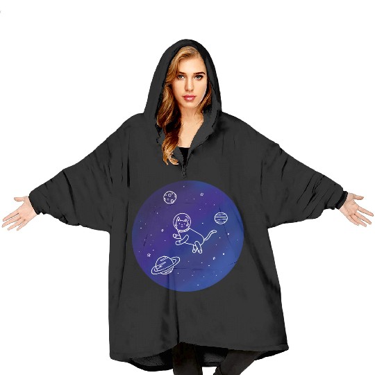 Doodle-Style Hand Drawn Space Cat Blanket Hoodies