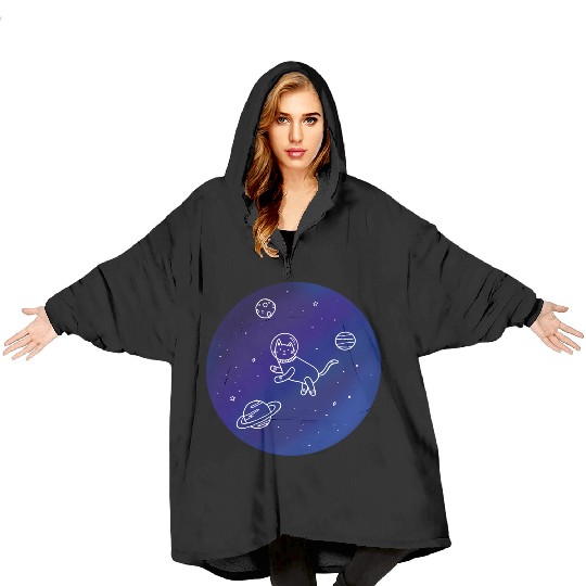 Doodle-Style Hand Drawn Space Cat Blanket Hoodies