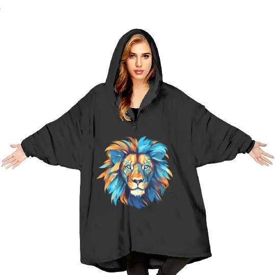 Vibrant Lion Art in Azure and Amber Palette Blanket Hoodies
