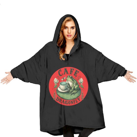 Cafe Dragonfly: Whimsical Serene Frog on Lily Pad Blanket Hoodies