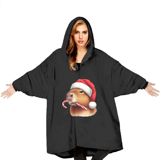 Festive capybara with candy cane Blanket Hoodies