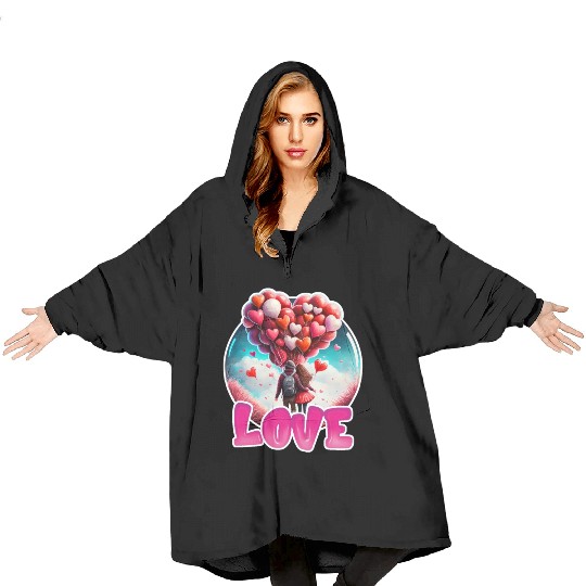 Retro Cute Couples with Heart Balloons Blanket Hoodies