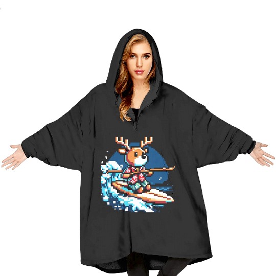 Surfing Reindeer: 8-Bit Holiday Wave Blanket Hoodies
