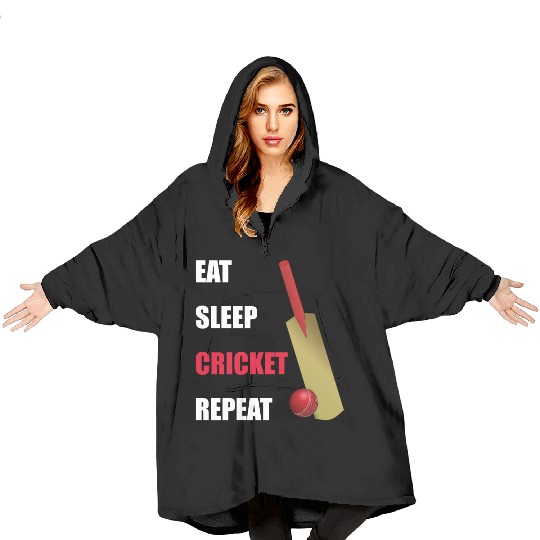 Eat Sleep Cricket Repeat Red and White Text Blanket Hoodies