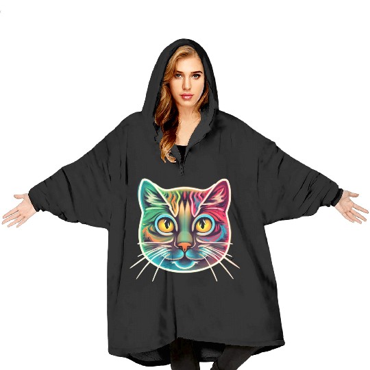 cat face neon design Blanket Hoodies