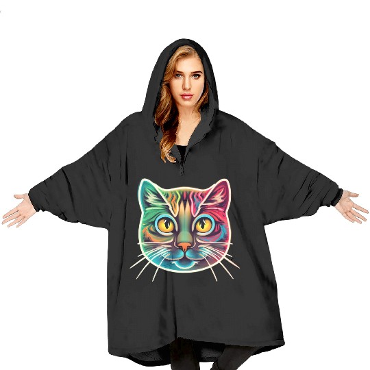 cat face neon design Blanket Hoodies