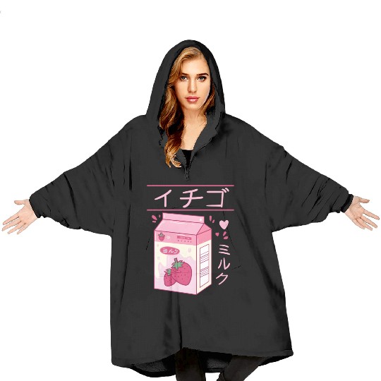 Japanese Strawberry Milk Drink Kawaii Kanji Vaporw Blanket Hoodies