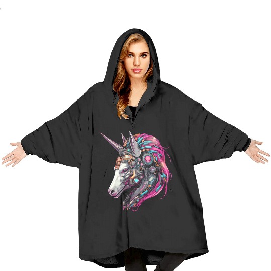 Cool Unicorn Cyborg Robot - Unique Portrait Design Blanket Hoodies