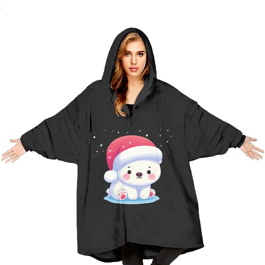 "Snowflakes and Smiles: The Polar Bear on Christma Blanket Hoodies