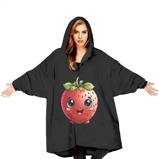 A cute kawaii style strawberry with a smiling face Blanket Hoodies